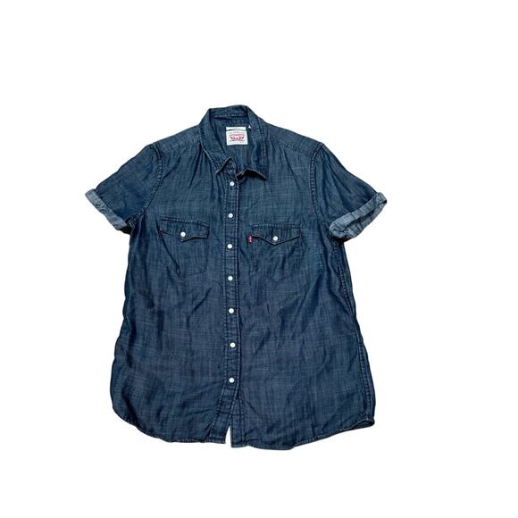 Levis Women's Small Pearl snap Chambray shirt Ocean Blue Lyocell Vegan Western - Picture 1 of 7